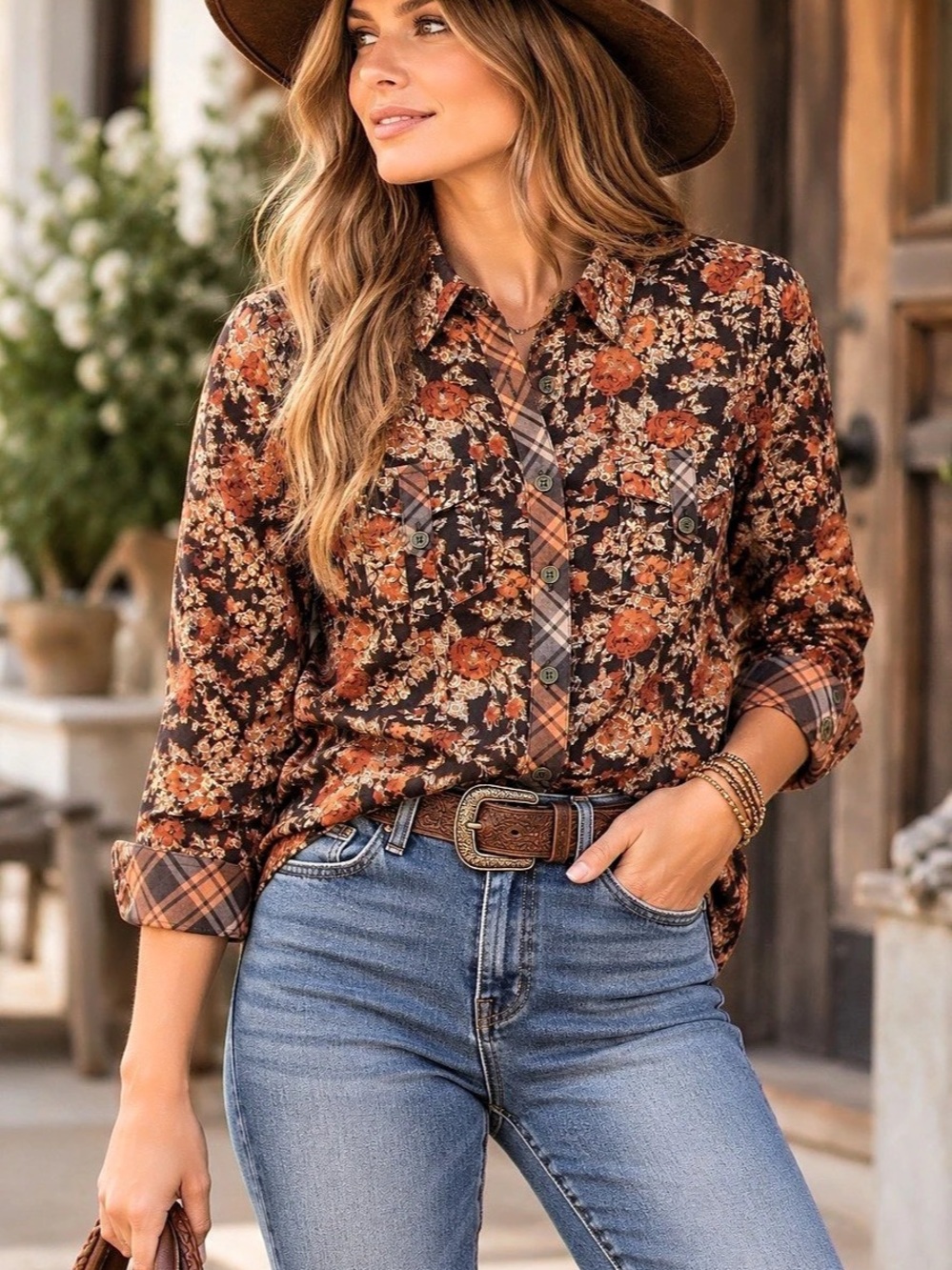 BKE Floral Plaid Button Down Western Boho Shirt Size Large
